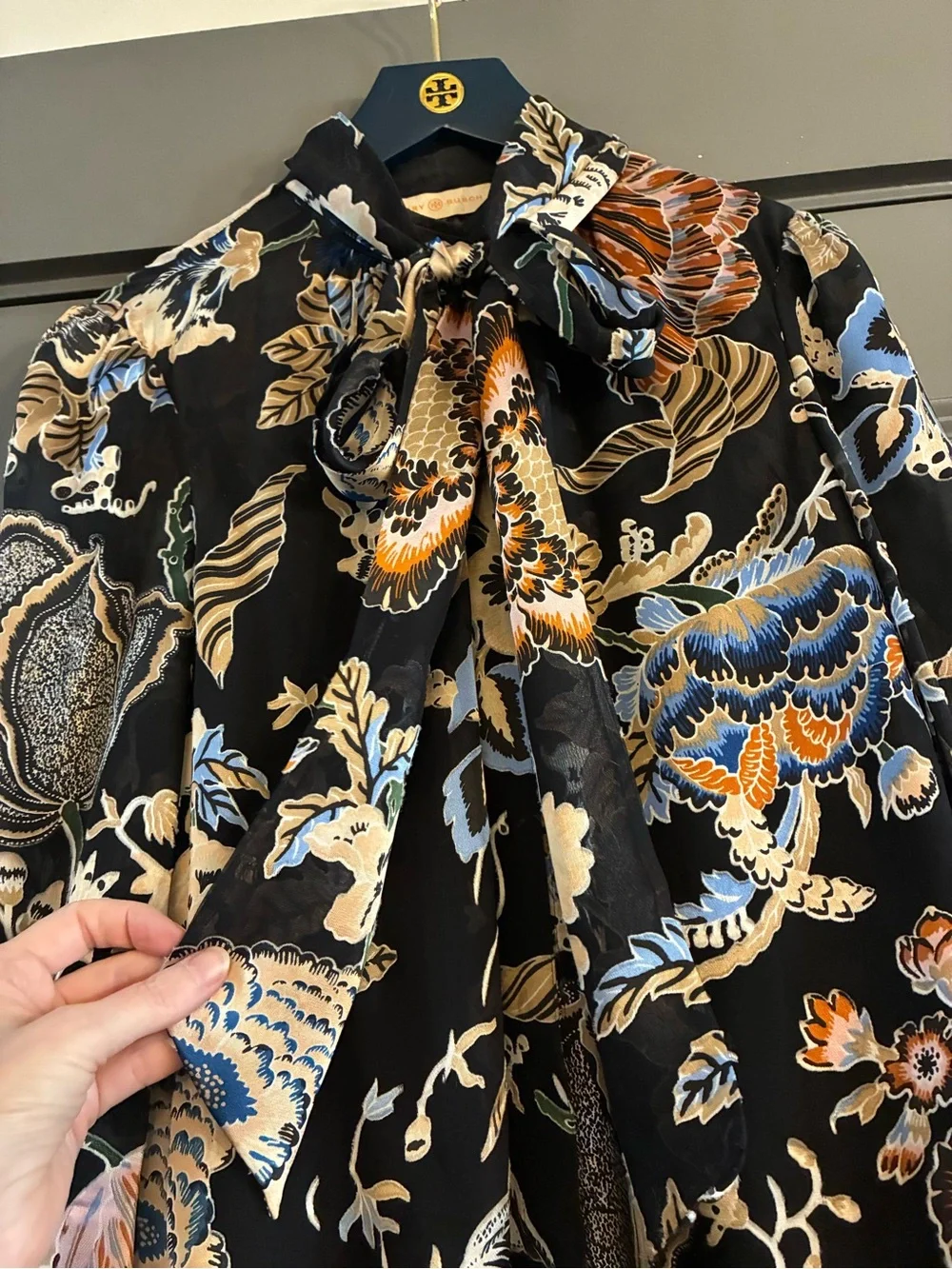 Tory Burch Black Floral Tie-Neck Blouse with Blue, Cream & Orange Accents